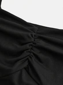 SHEIN Váy dệt kim cổ vuông màu đen có viền xếp nếp, váy thể thao giản dị thanh lịch cho bé gái tuổi teen, phù hợp cho yoga, hoạt động ngoài trời, quà tặng ngày lễ tình nhân, mùa hè - màu đen - Xem 6