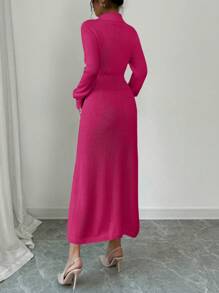Chiquease Elegant Solid Color Waist-Cinched Long Sweater Dress For Autumn/Winter - Hot Pink - View 2