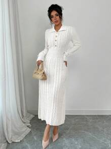 Chiquease Simple Solid Color Knitted Sweater Dress, Casual & Fashionable For Everyday Wear - White - View 4