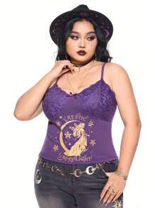 ROMWE Hippie 大码女式星星、月亮印花蝴蝶装饰吊带背心，夏季 - 紫色 - 查看 6