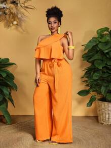 Slaydiva 大码女式夏季优雅办公室/度假纯橙色肩部荷叶边嵌件系带阔腿连体裤