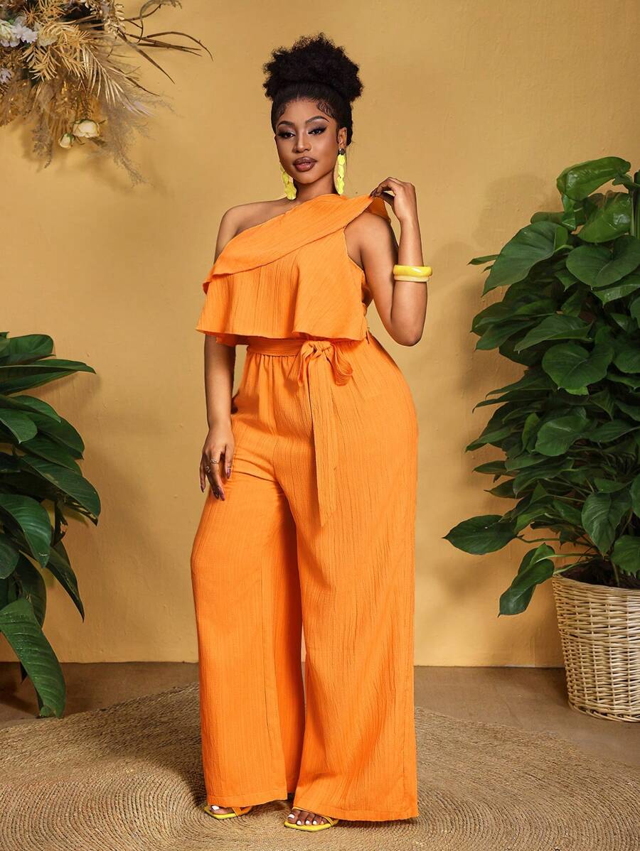 Slaydiva 大码女式夏季优雅办公室/度假纯橙色肩部荷叶边嵌件系带阔腿连体裤