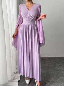 SHEIN Privé 女士优雅 V 领荷叶边喇叭袖衬衫和褶皱 A 字裙 2 件套 - 紫色 - 查看 4