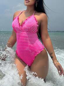 SHEIN Swim 女士性感露背格纹印花荷叶边吊带连体泳衣，可爱高开叉，适合海滩装 - 粉色 - 查看 8