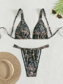 Swim Vcay Summer Beach Vacation 3pcs/Set Women Camouflage Printed Random Triangle String Bikini With Wide Strap - Multicolor - View 1