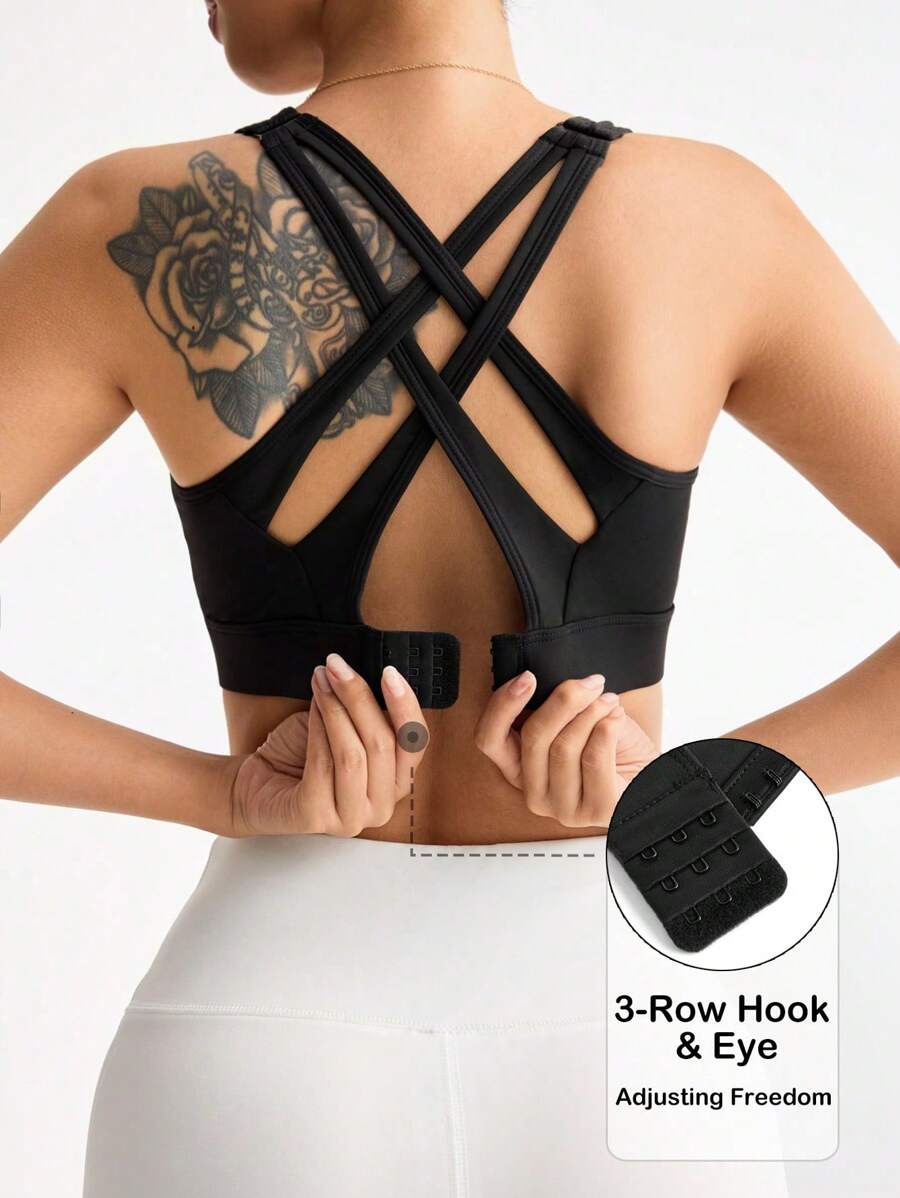 Easithlete Women's Solid Color Criss-Cross Back Everyday Sports Bra - Black - View 1