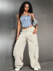 SHEIN EZwear Damen einfaches lässiges Denim Bustier Top, Alltagskleidung - Blau - Übersicht 4
