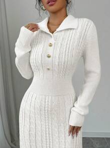 Chiquease Simple Solid Color Knitted Sweater Dress, Casual & Fashionable For Everyday Wear - White - View 6