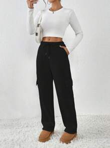 SHEIN PETITE 灰色抽绳腰带斜口袋侧翻盖口袋直腿长款休闲运动裤适合娇小女性，秋冬 - 黑色 - 查看 6