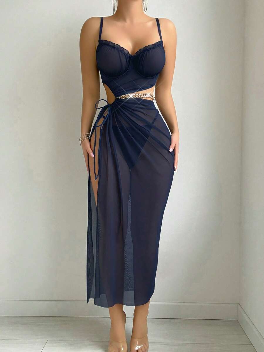 SHEIN 3-Piece Set: Slit Hollow-Out Drawstring Waist Slimming Long Dress + Thong + Detachable Large Chain Decor Belt, Elegant Party Outfit - Navy Blue - View 1