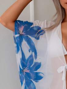 女士花卉印花网眼和服上衣夏季