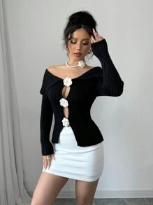 SHEIN Unity 女士常规款落肩撞色镂空花卉休闲修身针织毛衣，秋冬针织套头衫 - 黑色 - 查看 4
