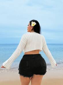 SHEIN SXY 大码女士早春米色前短后长短开衫，适合日常穿着、度假、海边、海滩派对、约会之夜、生日、单身派对、舞会、情侣约会、优雅、休闲、购物、街头穿着、户外、性感、易于搭配且看起来苗条，凸显您的身材，凸显您的身体 - 杏色 - 查看 2