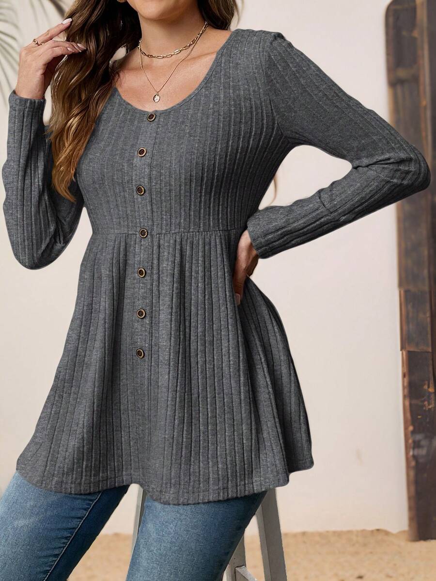 EMERY ROSE Winter Shirts Solid Color Crew Neck Long Sleeve Single Breasted Ribbed Casual T-Shirt - Dark Grey - View 1