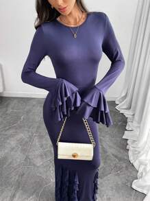 Modelyn Women's Solid Color Simple Arabic Style Casual Dress, Everyday Wear Long Evening Dresses - Navy Blue - View 6