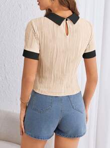 SHEIN Essnce 女士拼色领短袖修身纹理 T 恤 - 卡其色 - 查看 2
