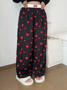 POPSWAY Plus Size Dames Losse Casual Wijde Broek Met Letterprint & Hartontwerp, Valentijn