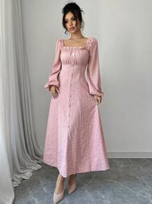 Modelyn 女士方领荷叶边灯笼袖纽扣装饰优雅长裙 - 粉色 - 查看 4