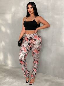 Zolique Women's Leopard & Flower Print Ruched Hem Leggings Fall Cloth For Women - Multicolor - View 3