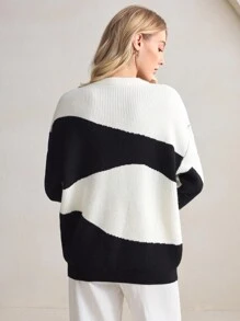 BizChic 黑白撞色毛衣上衣，女士办公室通勤，优雅新年，春夏，约会 - 黑與白 - 查看 5