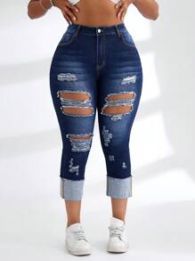 SHEIN SXY Plus Size Women's Blue Elastic Distressed Ripped Ankle-Length Jeans - Blue - View 5