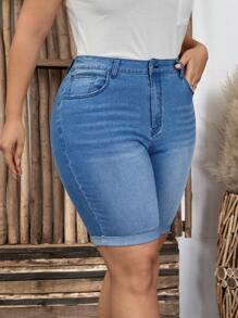 SHEIN LUNE 大码经典牛仔短裤，休闲时尚，适合日常穿着 - 中等水洗藍 - 查看 5