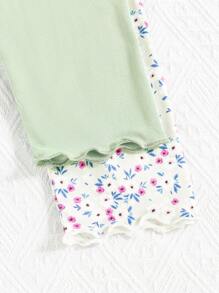 SHEIN 4 件套年轻女孩甜美花卉图案卷边短袖上衣和长裤休闲家居服套装