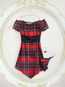 2 Pieces Set Sexy Plaid Off Shoulder Cross Strap Mini Dress - Multicolor - View 6