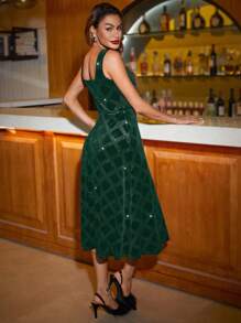 SHEIN Clasi 女士方领植绒金属箔中长连衣裙 - 墨綠色 - 查看 2