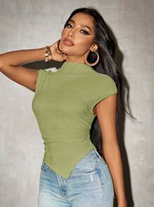 SHEIN SXY Summer;Solid Color Asymmetric Hem Knit T-Shirt For Women, Spring - Green - View 5