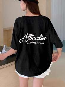 EastFlair Women's Oversize Comfortable Round Neck Drop Shoulder Split Design Letter Printed T-Shirt - Black - View 1