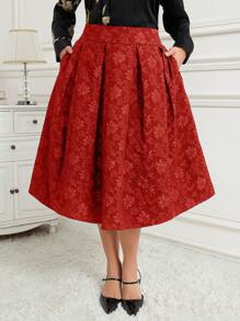 SHEIN Clasi Plus Size Women Elegant Simple Style Elastic Waist Red Skirt, Everyday Wear - Red - View 4