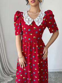 Modelyn Đầm mini thanh lịch cổ ren họa tiết hoa tương phản cho nữ tay bồng - Đỏ - Xem 4