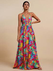 Travachic Vestido sin mangas con escote en V con estampado de plantas tropicales para mujeres