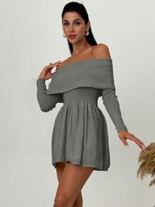 Firerie Vestido curto feminino casual simples e elegante com ombros de fora e manga comprida em linha A, adequado para outono/inverno - Cinza escuro - Ver 4