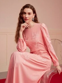 MOTF PREMIUM FLORAL EMBROIDERY DRAPED DRESS,SPRING/SUMMER - Pink - View 5