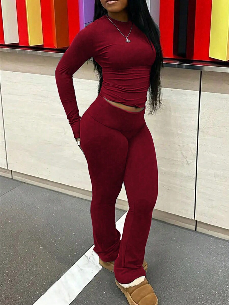 INAWLY Solva 2pcs/Set Women Solid Color Round Neck Long Sleeve Fitted T ...