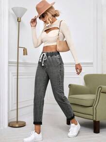 SHEIN Essnce Casual Washed Drawstring Waist Tapered Jeans Thickened Denim - Dark Grey - View 4