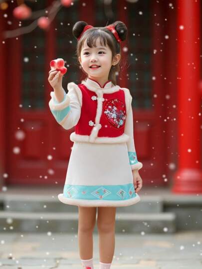 2pcs/Set New Chinese Style Qipao Hanfu Suit For Baby Girls, Including Vest Cardigan + Traditional Qipao Dress, Gentle Sweet, Suitable For Autumn/Winter, Lunar New Year
