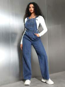 SHEIN EZwear Women's Casual Washed Straight Leg Denim Bib Overalls - Medium Wash - View 4