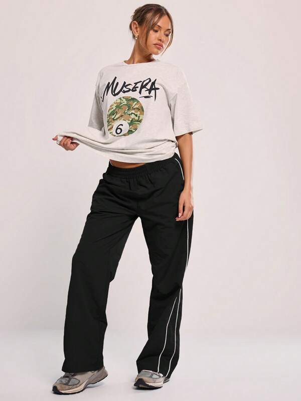 MUSERA Pantalones holgados con cintura elástica, ribete de contraste y pierna acampanada, ropa casual de invierno, vuelta al colegio, cómoda ropa de calle de primavera