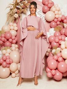 Loomaby Elegant Solid Color Pleat Shoulder Dress, For Pregnant Women Party, Baby Shower Maternity Dress - Pink - View 3