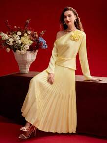MOTF PREMIUM Falda plisada fluida con cintura elástica, Día de San Valentín, Primavera/Verano - Amarillo - Ver 3