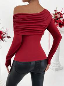 Chiquease Women's Elegant Solid Color Ruched Oblique Shoulder Slim Fit Long Sleeve T-Shirt