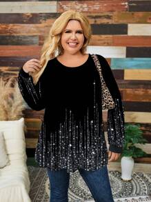 SHEIN LUNE Casual Minimalist Allover Print Loose Fit Round Neck Long Sleeve Plus Size T-Shirt, Suitable For Autumn/Winter - Multicolor - View 5