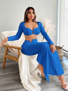 SHEIN SXY Set de 2 piezas con top cropped y falda midi con hebilla para mujer