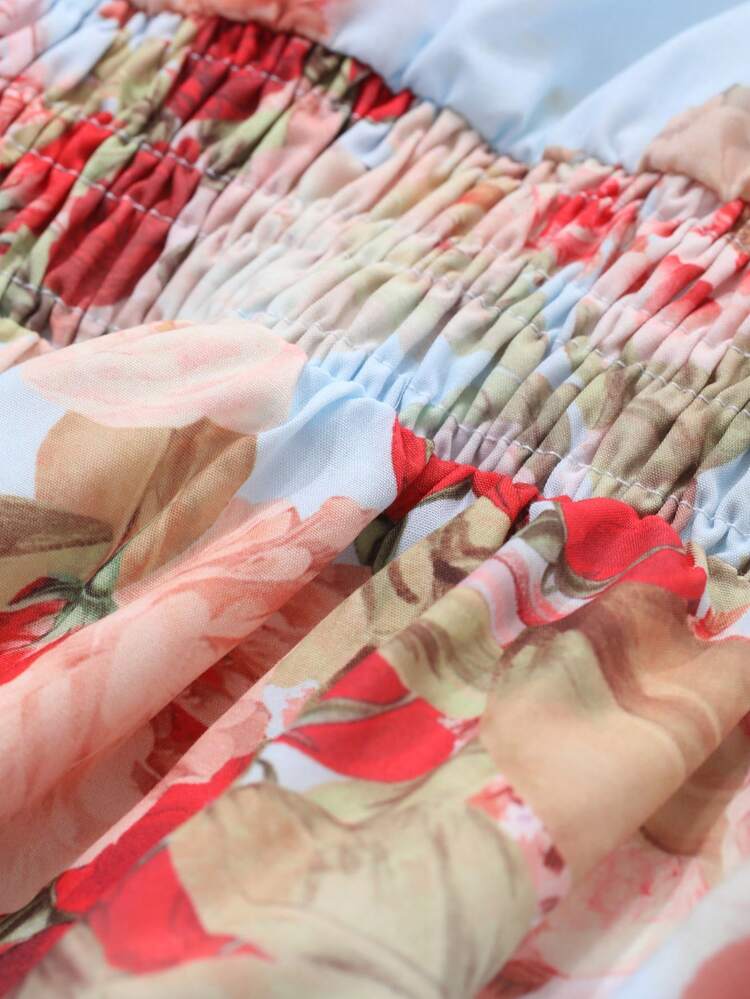 Women's Floral Print Square Neck Lantern Sleeve Cinched Waist Mid-Length Dress, For Vacation Boho