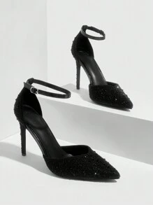 CUCCOO SZL Damskie modne czarne pełne kryształki pasek na kostkę szpiczasty nosek szpilki na wysokim obcasie na randkę, imprezę, festiwal