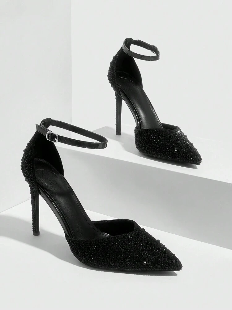 CUCCOO SZL Women's Fashion Black Full Rhinestone Ankle Strap Pointed Toe Stiletto High Heel Pumps For Date, Party, Festival Spring Shoes Spring Break Easter Prom Heels For Christmas Spring Shoes