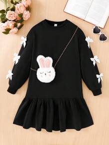 SHEIN Tween Girls Casual Vintage College Style Knit Crew Neck Pullover Dress With Contrast Color Bow, Long Sleeve And Ruched Hem